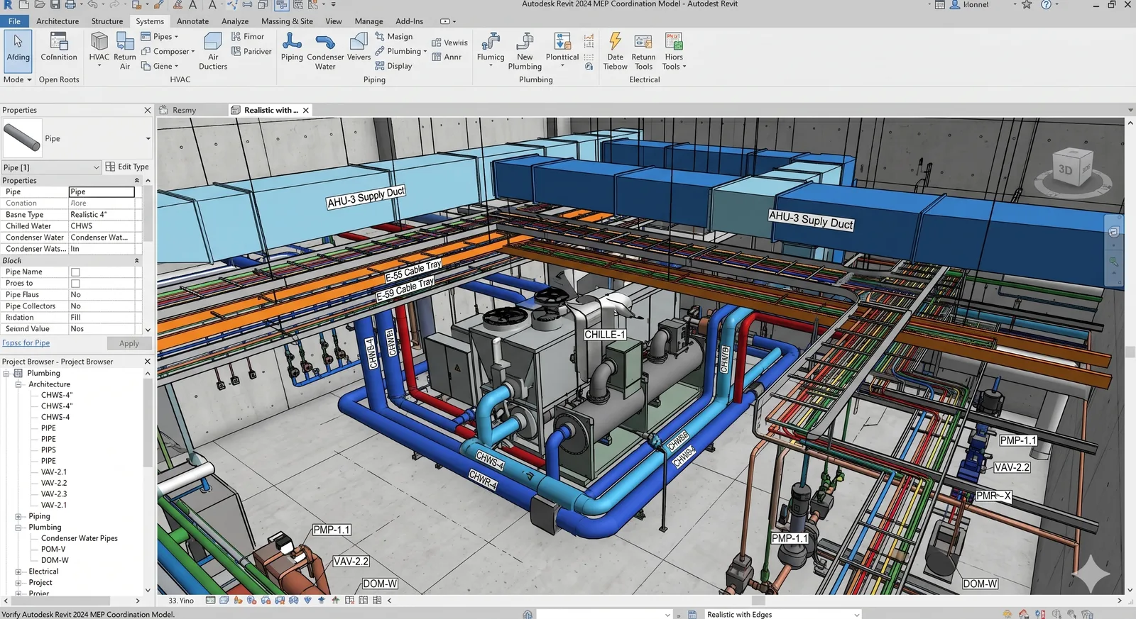 Coordinated mechanical and plumbing 3D BIM model in Revit MEP
