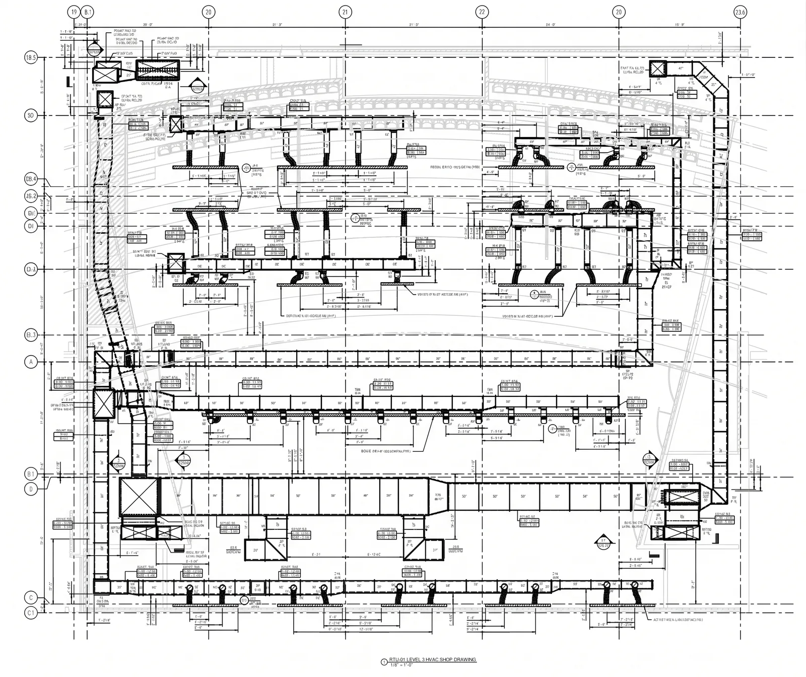 HVAC ductwork shop drawing plan with dimensions and hanger layout